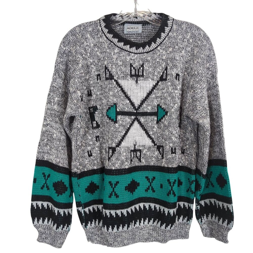 Vintage Adele Gray Teal Geometric Pullover M Sweater Knitwear Southwest Made USA